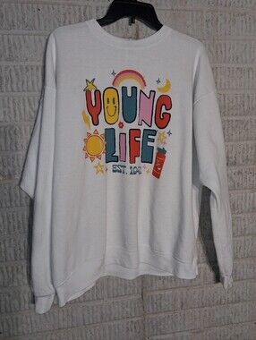 Young Life Hanes White Sweatshirt with Colorful Graphic Full Arm Spellout Large